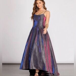 Betsy & Adam Women's Galaxy Glitter Ball Gown (Black/Silver/Fuchsia)